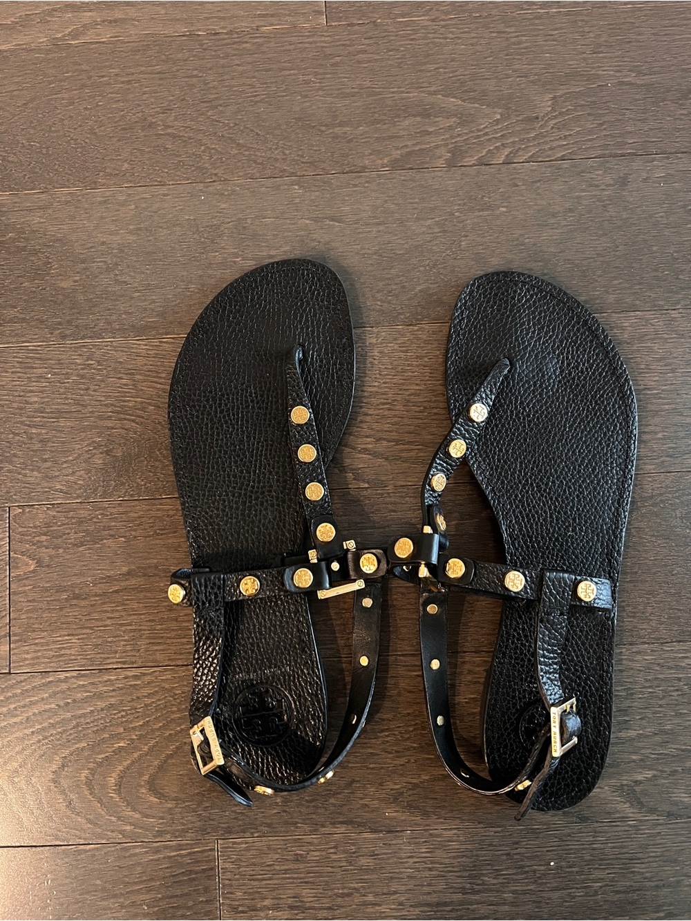 Black Studded T-Strap Sandals with Gold Accents